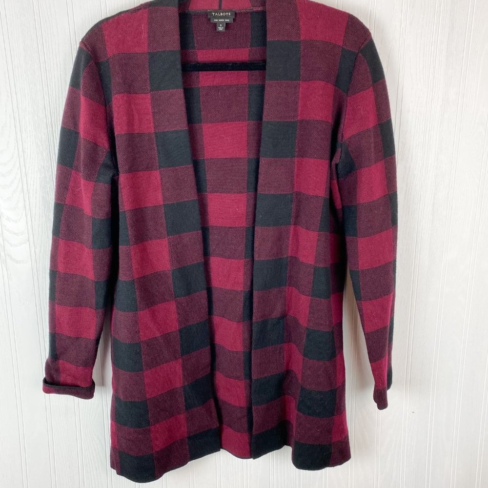 Talbots 100% Merino Wool Red Plaid Cardigan Size small